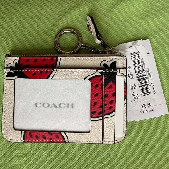 COACH STRAWBERRY PRINT LEATHER MINI SKINNY ID CASE:NWT STRAWBERRY/CHALK … - Picture 10 of 15